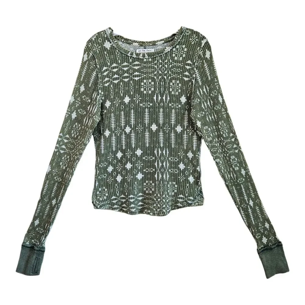 FREE PEOPLE We The Free Size L Pretty Little Thermal Top Green Boho Cotton 38